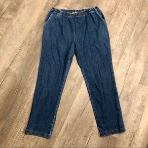 L.L.Bean Womens Large Petite Blue Denim Jeans Pull On Pocket Elastic Waist Pants